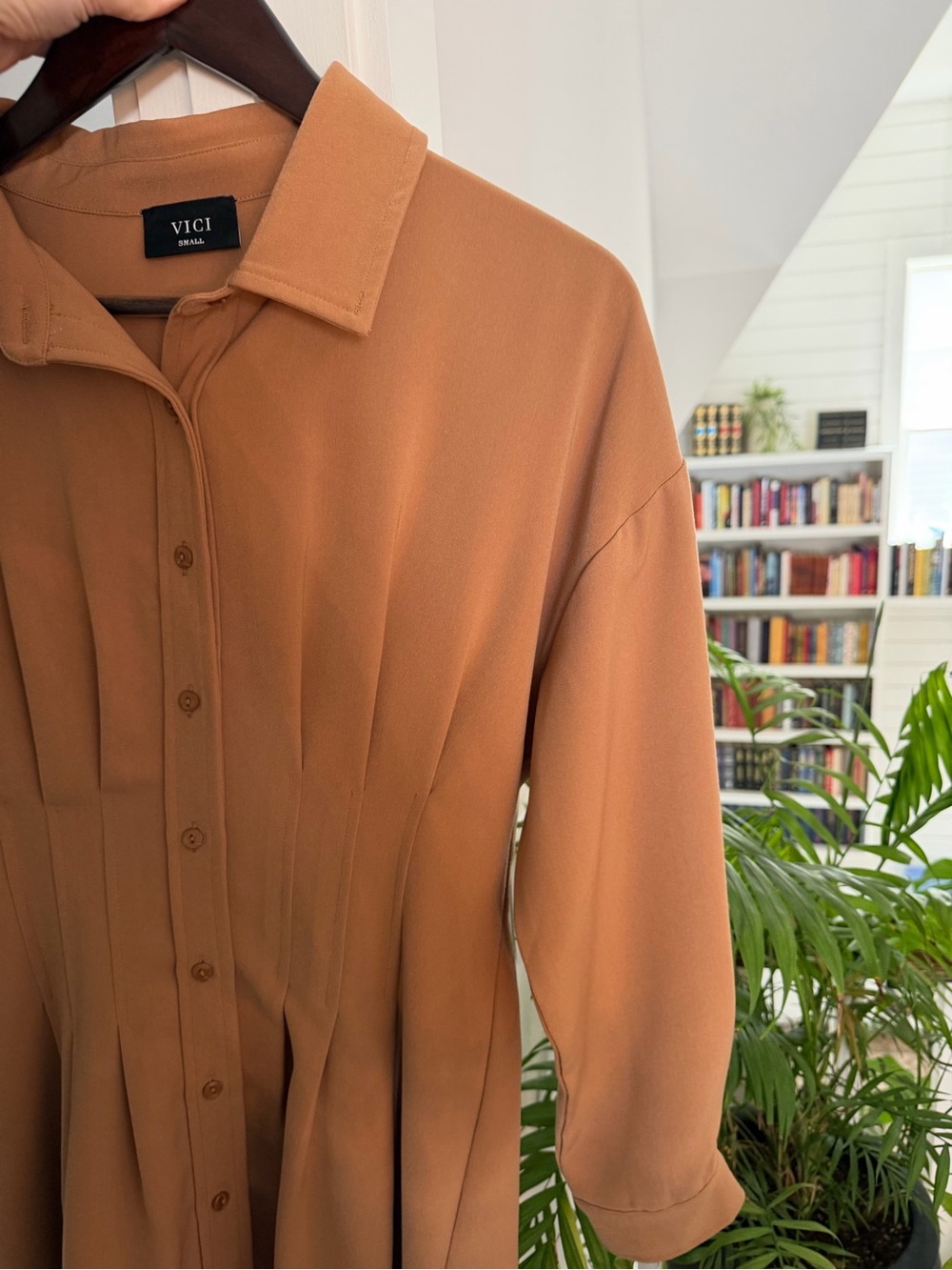 VICI Caramel Button-Front Pleated Dress